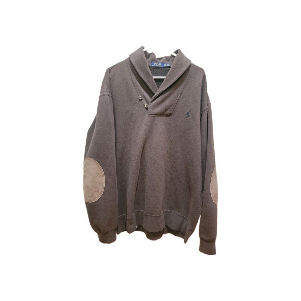 Polo Ralph Lauren Shawl Collar Sweatshirt Suede Elbow Patch Mens LT Brown Logo